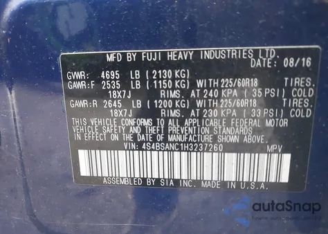 2017 Subaru Outback 2.5I Limited из США, поврежденный, VIN 4S4BSANC1H3237260